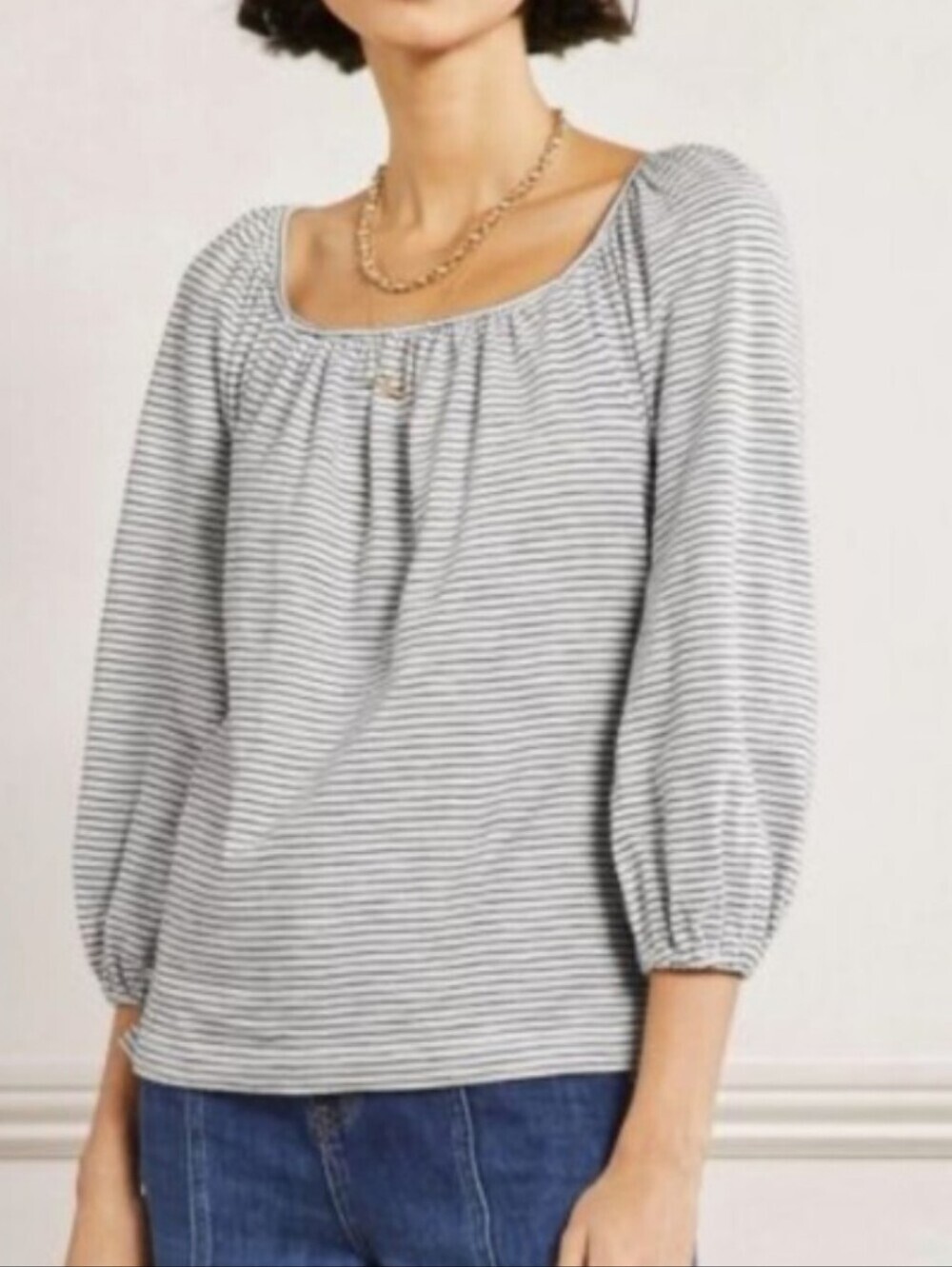 Boden Gray and White Striped Scoop-Neck Puff Sleeve Top